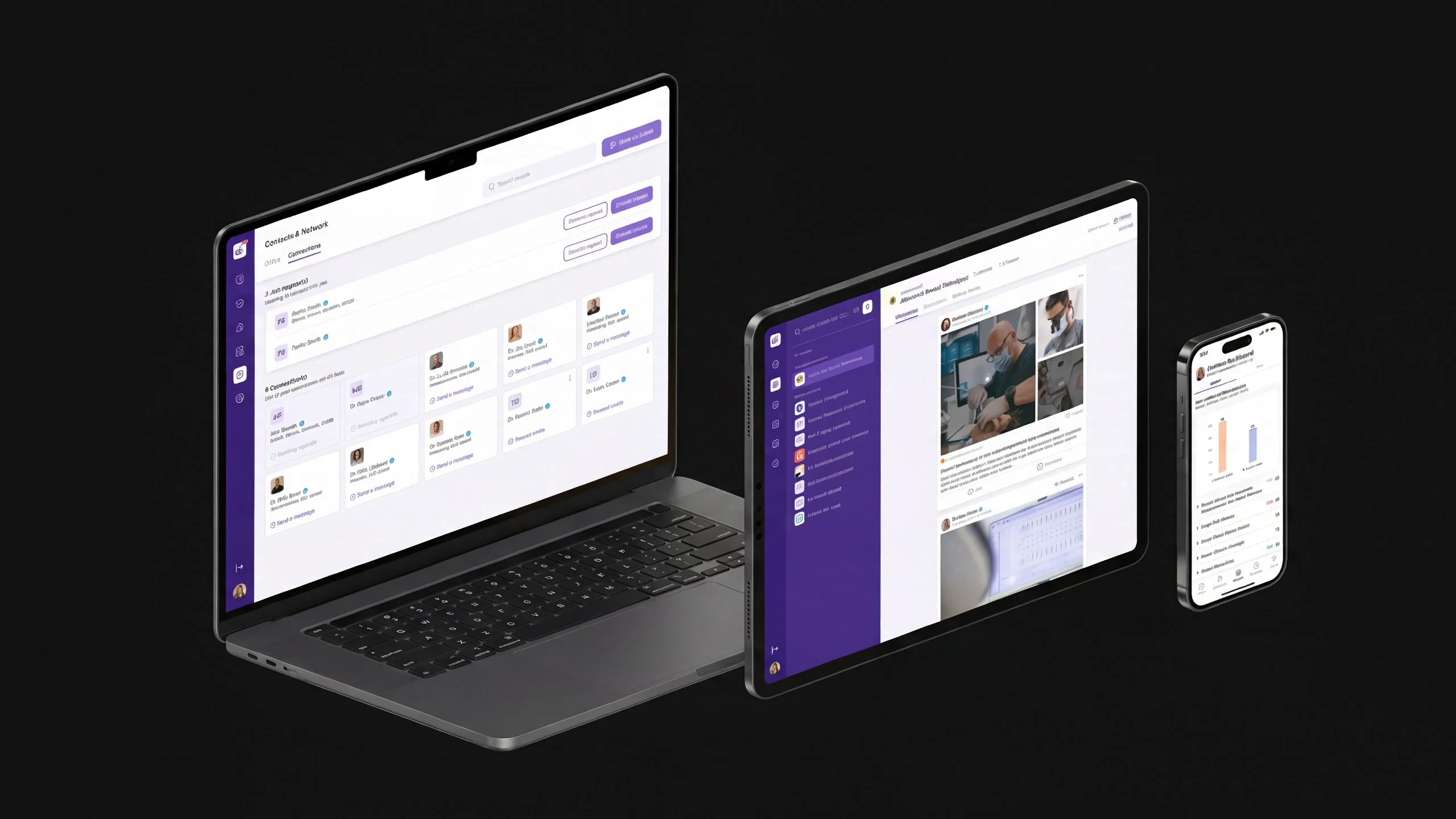 drtalk across three devices: a laptop showing Contacts and Network, a tablet showing a clinical channel post, and a phone showing a referral dashboard