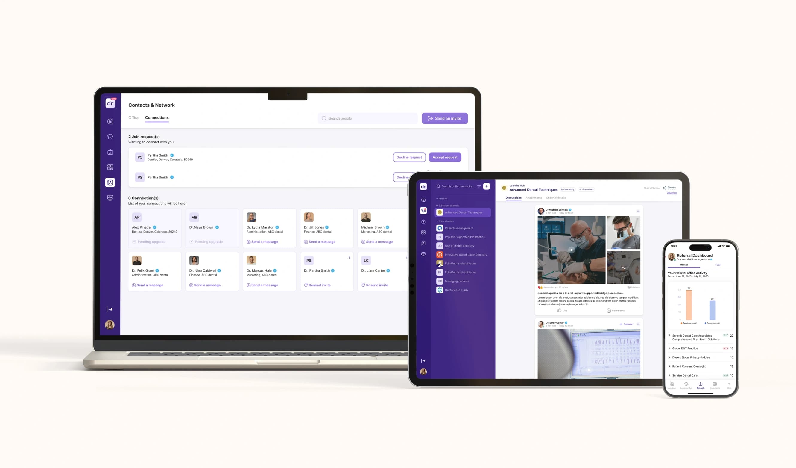 drtalk across three devices: a laptop showing Contacts and Network, a tablet showing a clinical channel post, and a phone showing a referral dashboard